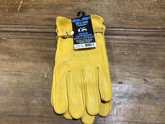 Work Glove, Gold, Cowhide with Pull Strap