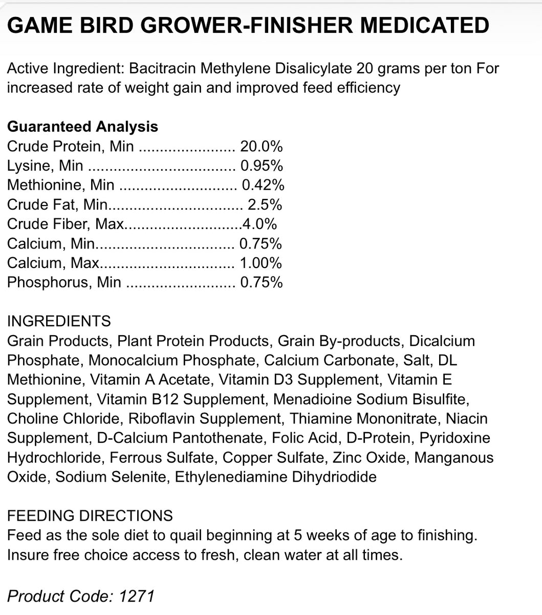 Game Bird Grower/Finisher, Medicated 20, 50lb G&DFarms