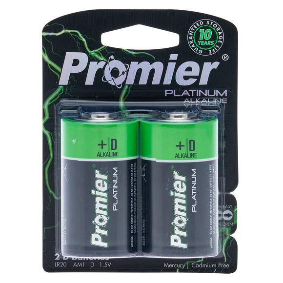 Promier Platinum Alkaline D Batteries, 2pk