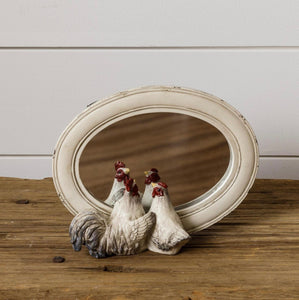 Rooster and Hen Peeking Mirror