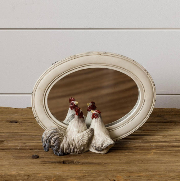 Rooster and Hen Peeking Mirror