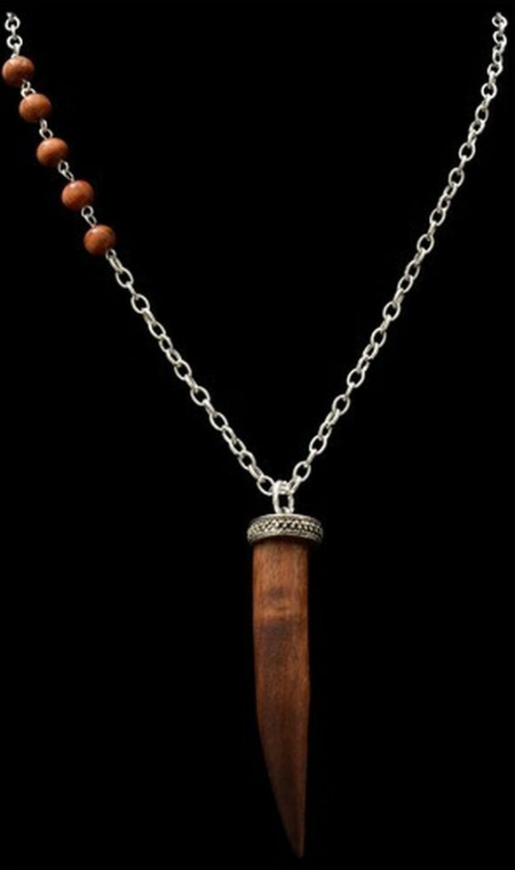 Silver Strike Brown Beaded Wood Horn Necklace