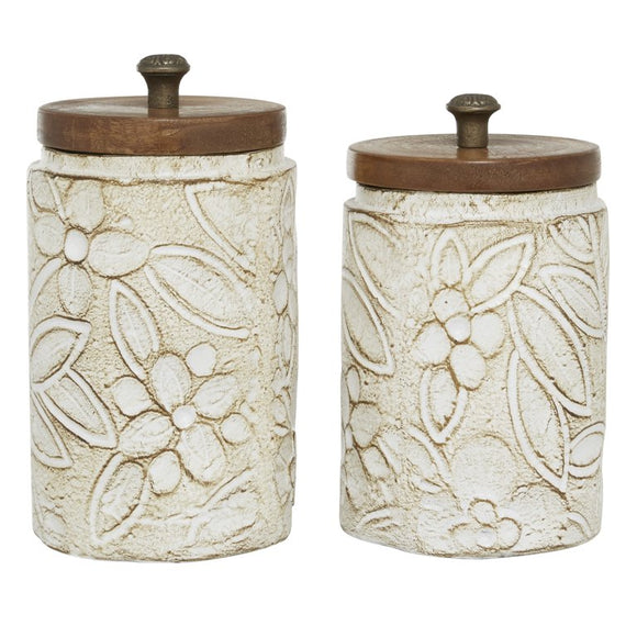 Canister Set, White Floral with Wood Lid, 2pc